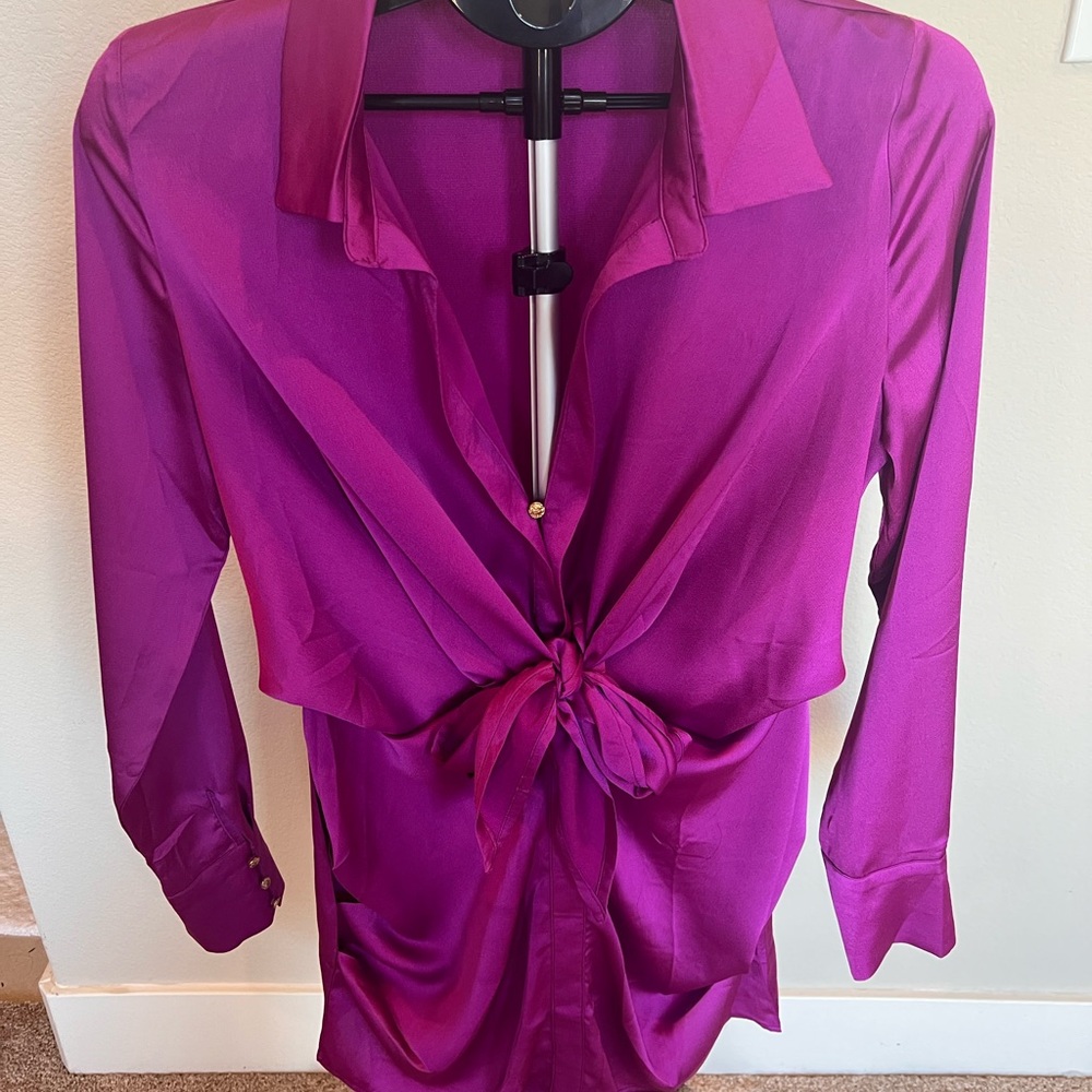 Showpo Magenta Satin Dress with Tie Front